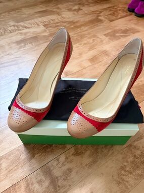 Kate Spade Red Suede & Tan Leather Cap-Toe Perforated Pumps